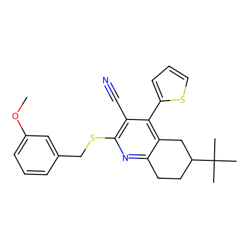 6-(tert-butyl)-2-((3-methoxybenzyl)thio)-4-(thiophen-2-yl)-5,6,7,8-tetrahydroquinoline-3-carbonitrile structure