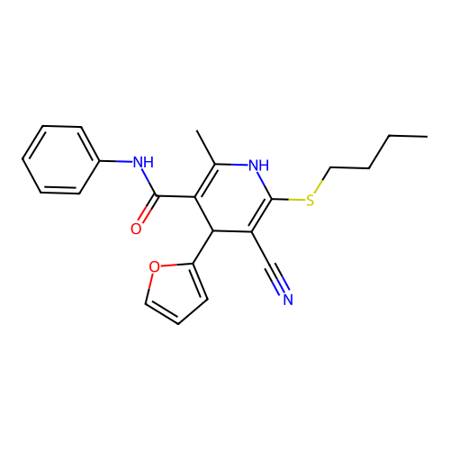 6-(butylthio)-5-cyano-4-(furan-2-yl)-2-methyl-N-phenyl-1,4-dihydropyridine-3-carboxamide structure