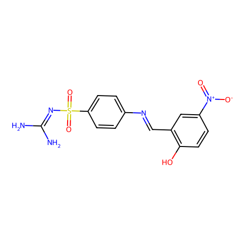 ({4-[(1E)-2-(2-hydroxy-5-nitrophenyl)-1-azavinyl]phenyl}sulfonyl)aminocarboxam idine structure