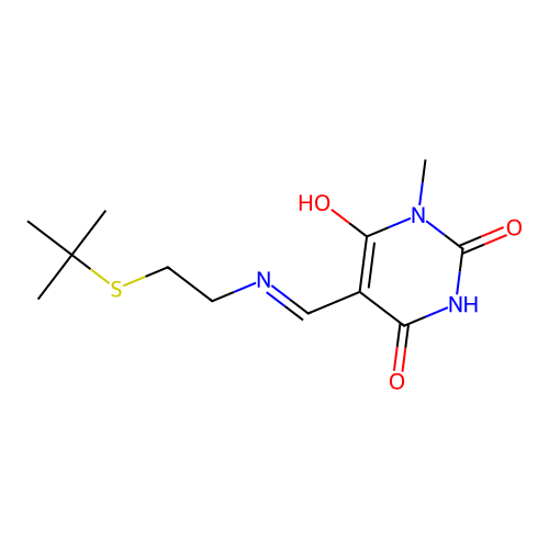 (5E)-5-[(2-tert-butylsulfanylethylamino)methylidene]-1-methyl-1,3-diazinane-2,4,6-trione structure