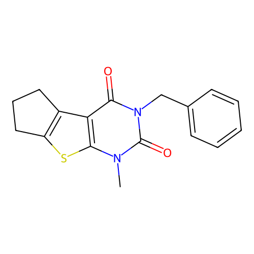 3-benzyl-1-methyl-6,7-dihydro-1H-cyclopenta[4,5]thieno[2,3-d]pyrimidine-2,4(3H,5H)-dione structure