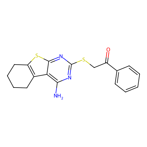 2-((4-amino-5,6,7,8-tetrahydrobenzo[4,5]thieno[2,3-d]pyrimidin-2-yl)thio)-1-phenylethanone structure
