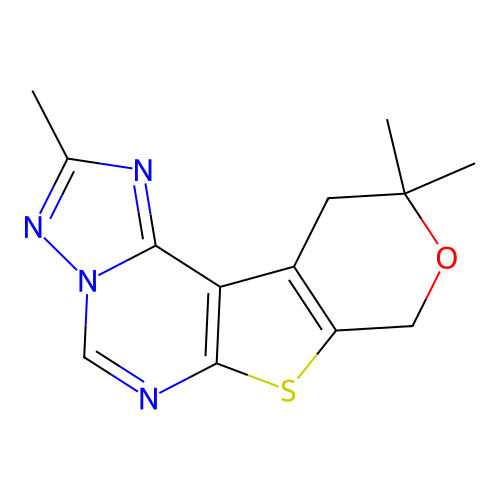 2,10,10-trimethyl-10,11-dihydro-8H-pyrano[4',3':4,5]thieno[3,2-e][1,2,4]triazolo[1,5-c]pyrimidine structure