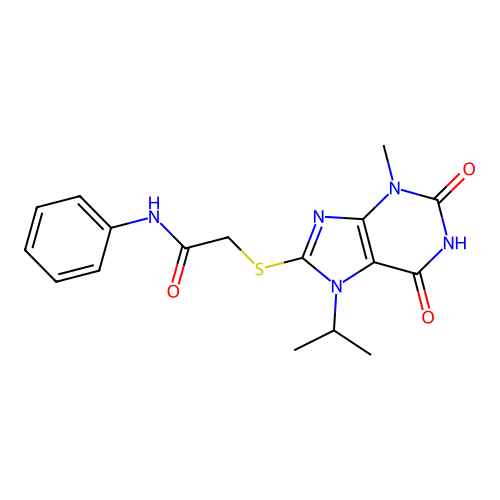 2-(3-methyl-2,6-dioxo-7-propan-2-ylpurin-8-yl)sulfanyl-N-phenylacetamide structure
