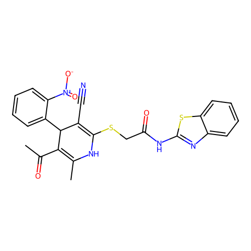 2-((5-acetyl-3-cyano-6-methyl-4-(2-nitrophenyl)-1,4-dihydropyridin-2-yl)thio)-N-(benzo[d]thiazol-2-yl)acetamide structure