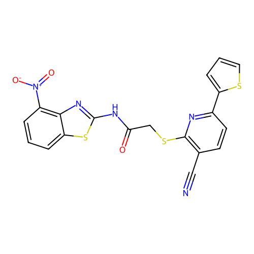 2-((3-cyano-6-(thiophen-2-yl)pyridin-2-yl)thio)-N-(4-nitrobenzo[d]thiazol-2-yl)acetamide structure