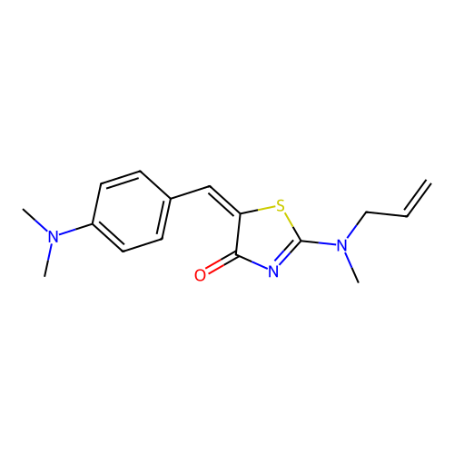 (E)-2-(allyl(methyl)amino)-5-(4-(dimethylamino)benzylidene)thiazol-4(5H)-one structure