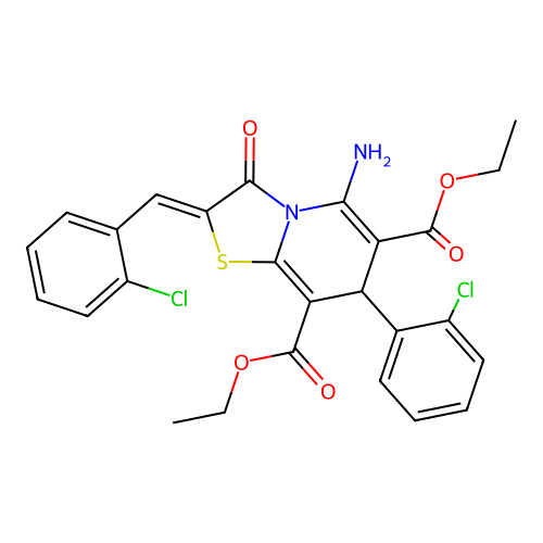 (Z)-diethyl 5-amino-2-(2-chlorobenzylidene)-7-(2-chlorophenyl)-3-oxo-3,7-dihydro-2H-thiazolo[3,2-a]pyridine-6,8-dicarboxylate structure