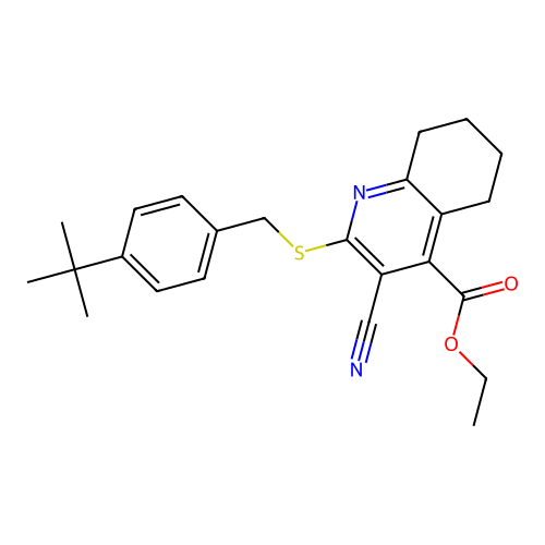 ethyl 2-((4-(tert-butyl)benzyl)thio)-3-cyano-5,6,7,8-tetrahydroquinoline-4-carboxylate structure