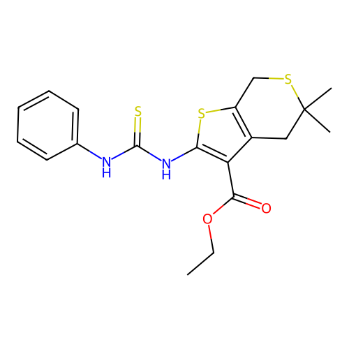 3-carbethoxy-5,5-dimethyl-2-(N'-phenylthioureido)-4,5-dihydro-7h-thieno[2,3-c]thiopyran structure