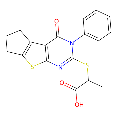 2-((4-oxo-3-phenyl-4,5,6,7-tetrahydro-3H-cyclopenta[4,5]thieno[2,3-d]pyrimidin-2-yl)thio)propanoic acid structure
