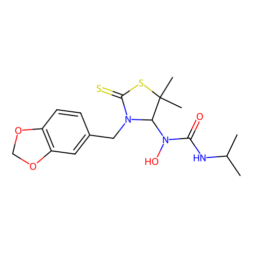 1-[3-(1,3-benzodioxol-5-ylmethyl)-5,5-dimethyl-2-sulfanylidene-1,3-thiazolidin-4-yl]-1-hydroxy-3-propan-2-ylurea structure