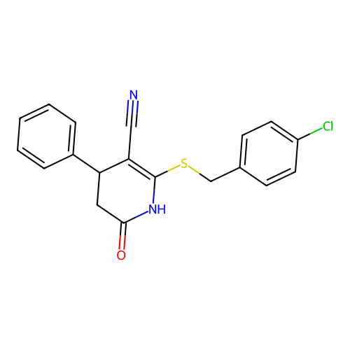 2-((4-chlorobenzyl)thio)-6-oxo-4-phenyl-1,4,5,6-tetrahydropyridine-3-carbonitrile structure