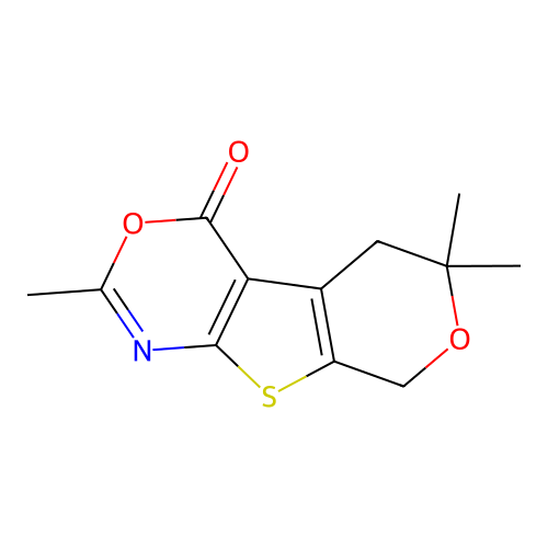 2,6,6-trimethyl-5,6-dihydropyrano[4',3':4,5]thieno[2,3-d][1,3]oxazin-4(8H)-one structure