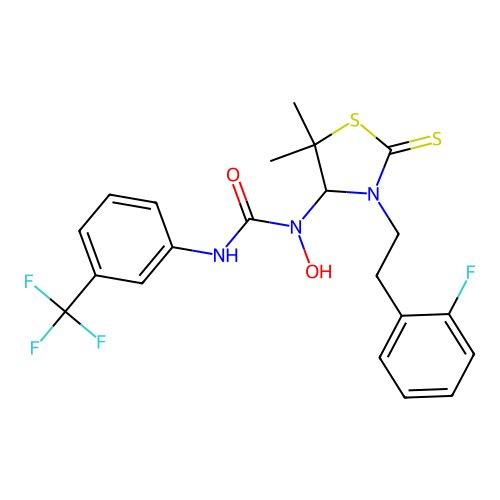 1-(3-(2-fluorophenethyl)-5,5-dimethyl-2-thioxothiazolidin-4-yl)-1-hydroxy-3-(3-(trifluoromethyl)phenyl)urea structure