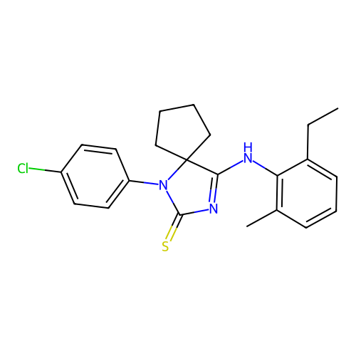 (Z)-1-(4-chlorophenyl)-4-((2-ethyl-6-methylphenyl)imino)-1,3-diazaspiro[4.4]nonane-2-thione structure