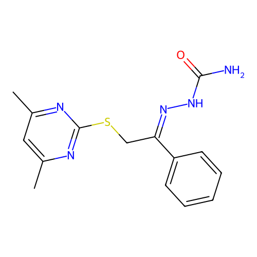 2-(2-((4,6-Dimethylpyrimidin-2-yl)thio)-1-phenylethylidene)hydrazinecarboxamide structure