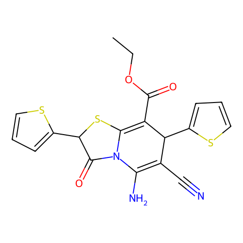 ethyl 5-amino-6-cyano-3-oxo-2,7-di(thiophen-2-yl)-2,3-dihydro-7H-[1,3]thiazolo[3,2-a]pyridine-8-carboxylate structure