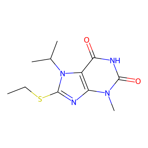 8-(ethylsulfanyl)-3-methyl-7-(propan-2-yl)-3,7-dihydro-1H-purine-2,6-dione structure