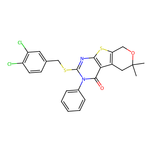 2-((3,4-dichlorobenzyl)thio)-6,6-dimethyl-3-phenyl-5,6-dihydro-3H-pyrano[4',3':4,5]thieno[2,3-d]pyrimidin-4(8H)-one structure