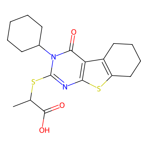 2-[(3-cyclohexyl-4-oxo-3,4,5,6,7,8-hexahydro[1]benzothieno[2,3-d]pyrimidin-2-yl)sulfanyl]propanoic acid structure