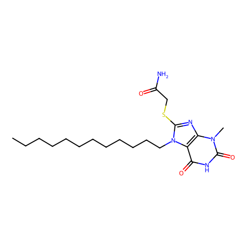 2-(7-dodecyl-3-methyl-2,6-dioxo-purin-8-yl)sulfanylacetamide structure
