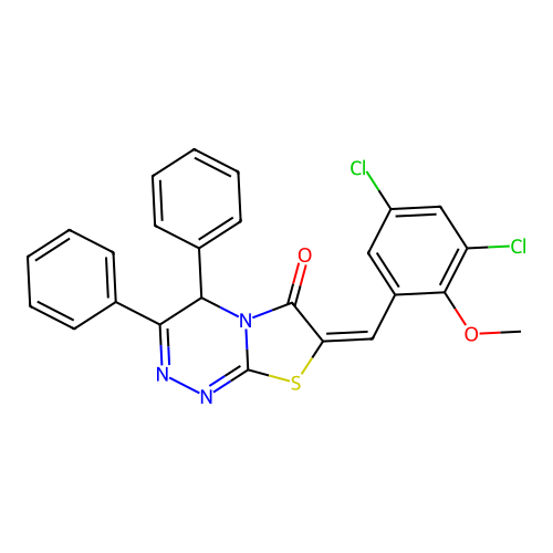 (7E)-7-[(3,5-dichloro-2-methoxyphenyl)methylidene]-3,4-diphenyl-4H-[1,3]thiazolo[2,3-c][1,2,4]triazin-6-one structure