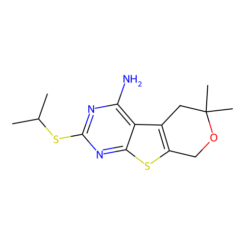 2-(isopropylthio)-6,6-dimethyl-6,8-dihydro-5H-pyrano[4',3':4,5]thieno[2,3-d]pyrimidin-4-amine structure