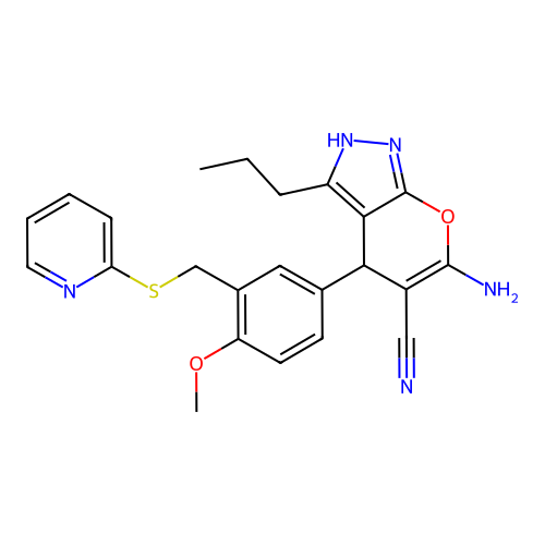 6-amino-4-(4-methoxy-3-((pyridin-2-ylthio)methyl)phenyl)-3-propyl-1,4-dihydropyrano[2,3-c]pyrazole-5-carbonitrile structure