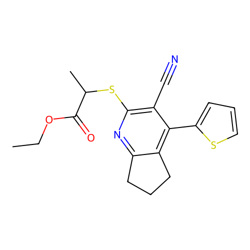 2-(3-Cyano-4-thiophen-2-yl-6,7-dihydro-5H-[1]pyrindin-2-ylsulfanyl)-propionic acid ethyl ester structure
