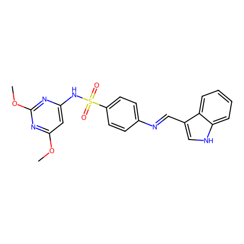 N-(2,6-dimethoxypyrimidin-4-yl)-4-(indol-3-ylidenemethylamino)benzenesulfonamide structure