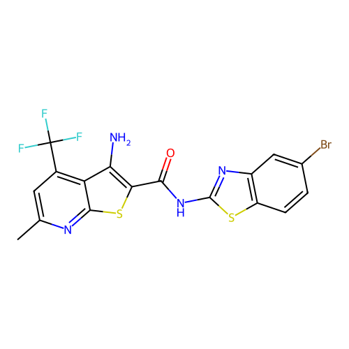 3-amino-N-(5-bromo-1,3-benzothiazol-2-yl)-6-methyl-4-(trifluoromethyl)thieno[2,3-b]pyridine-2-carboxamide structure