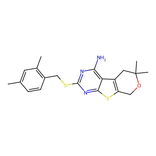 2-((2,4-dimethylbenzyl)thio)-6,6-dimethyl-6,8-dihydro-5H-pyrano[4',3':4,5]thieno[2,3-d]pyrimidin-4-amine structure