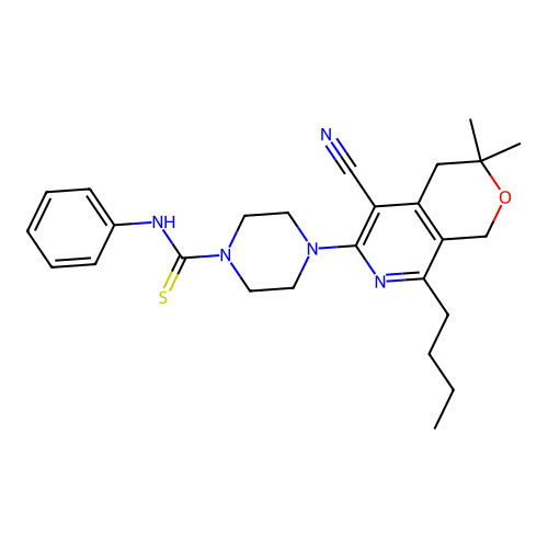 4-(8-butyl-5-cyano-3,3-dimethyl-3,4-dihydro-1H-pyrano[3,4-c]pyridin-6-yl)-N-phenylpiperazine-1-carbothioamide structure