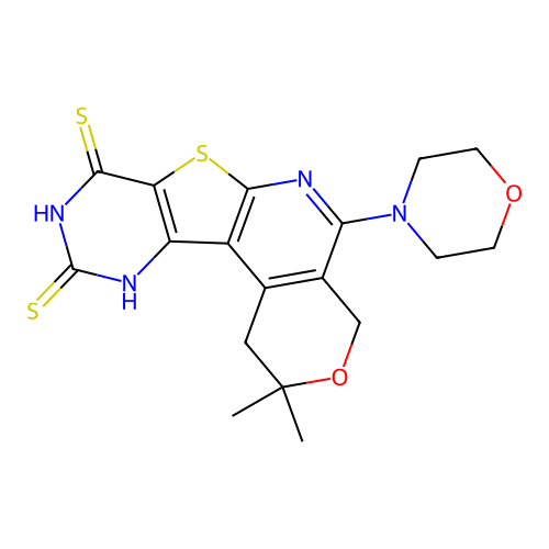 2,2-dimethyl-5-morpholino-9,11-dihydro-1H-pyrano[4'',3'':4',5']pyrido[3',2':4,5]thieno[3,2-d]pyrimidine-8,10(2H,4H)-dithione structure