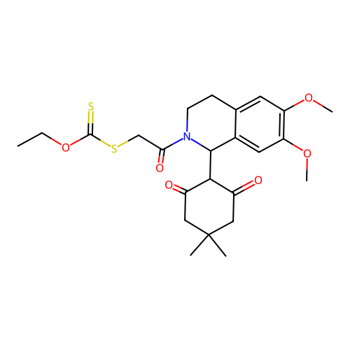 Dithiocarbonic acid {2-[1-(4,4-dimethyl-2,6-dioxo-cyclohexyl)-6,7-dimethoxy-3,4-dihydro-1H-isoquinolin-2-yl]-2-oxo-ethyl} ester ethyl ester structure