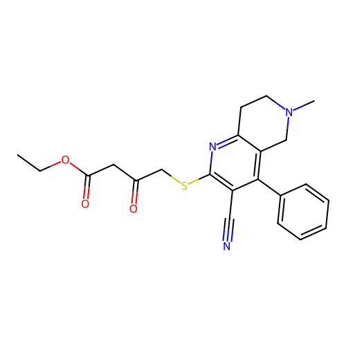 ethyl 4-((3-cyano-6-methyl-4-phenyl-5,6,7,8-tetrahydro-1,6-naphthyridin-2-yl)thio)-3-oxobutanoate structure