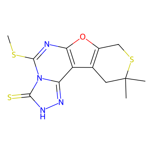 10,10-dimethyl-5-(methylsulfanyl)-10,11-dihydro-8H-thiopyrano[4',3':4,5]furo[3,2-e][1,2,4]triazolo[4,3-c]pyrimidine-3(2H)-thione structure