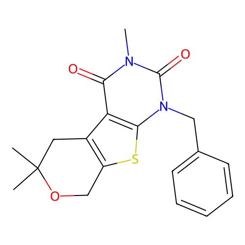 1-benzyl-3,6,6-trimethyl-5,6-dihydro-1H-pyrano[4',3':4,5]thieno[2,3-d]pyrimidine-2,4(3H,8H)-dione structure