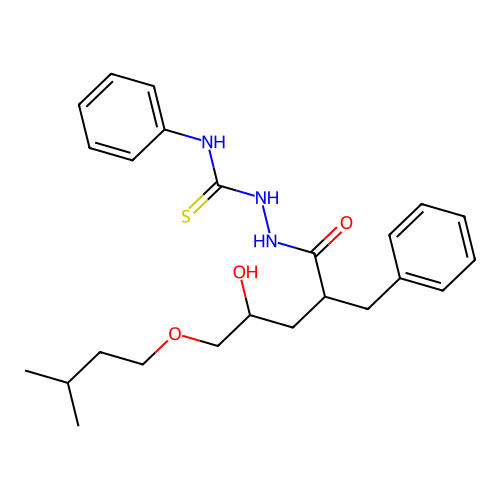 2-(2-benzyl-4-hydroxy-5-(isopentyloxy)pentanoyl)-N-phenylhydrazinecarbothioamide structure