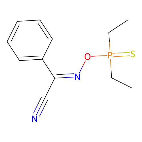 Glyoxylonitrile, phenyl-, oxime, diethylphosphinothioate structure