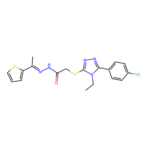 2-{[5-(4-chlorophenyl)-4-ethyl-4H-1,2,4-triazol-3-yl]sulfanyl}-N'-[(1E)-1-(thiophen-2-yl)ethylidene]acetohydrazide structure