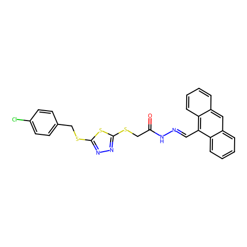 N'-[(E)-anthracen-9-ylmethylidene]-2-({5-[(4-chlorobenzyl)sulfanyl]-1,3,4-thiadiazol-2-yl}sulfanyl)acetohydrazide structure