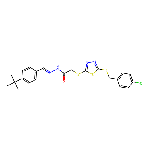N'-[(E)-(4-tert-butylphenyl)methylidene]-2-({5-[(4-chlorobenzyl)sulfanyl]-1,3,4-thiadiazol-2-yl}sulfanyl)acetohydrazide structure