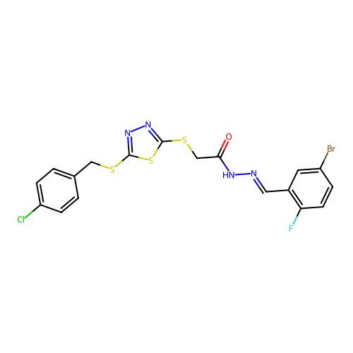 N'-[(E)-(5-bromo-2-fluorophenyl)methylidene]-2-({5-[(4-chlorobenzyl)sulfanyl]-1,3,4-thiadiazol-2-yl}sulfanyl)acetohydrazide structure