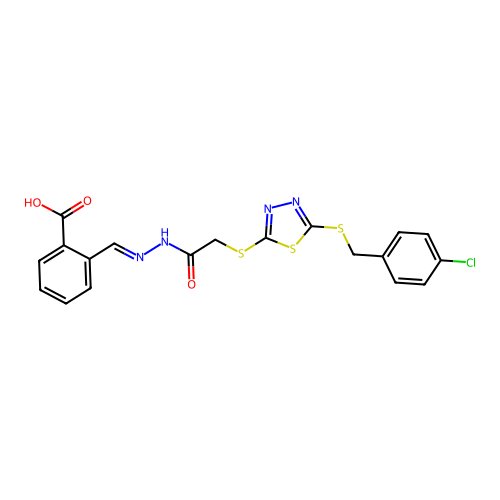 2-[(E)-{2-[({5-[(4-chlorobenzyl)sulfanyl]-1,3,4-thiadiazol-2-yl}sulfanyl)acetyl]hydrazinylidene}methyl]benzoic acid structure