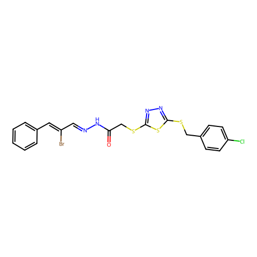 N'-[(1E,2Z)-2-bromo-3-phenylprop-2-en-1-ylidene]-2-({5-[(4-chlorobenzyl)sulfanyl]-1,3,4-thiadiazol-2-yl}sulfanyl)acetohydrazide structure