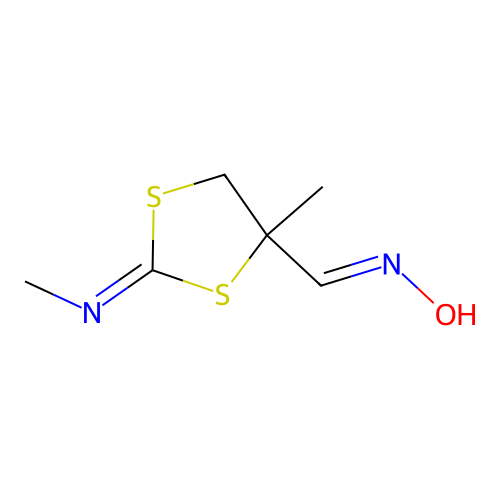 (E)-4-methyl-2-(methylimino)-1,3-dithiolane-4-carbaldehyde oxime structure