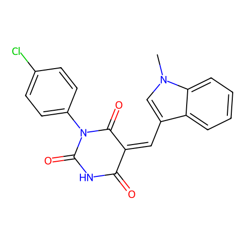 (Z)-1-(4-chlorophenyl)-5-((1-methyl-1H-indol-3-yl)methylene)pyrimidine-2,4,6(1H,3H,5H)-trione structure