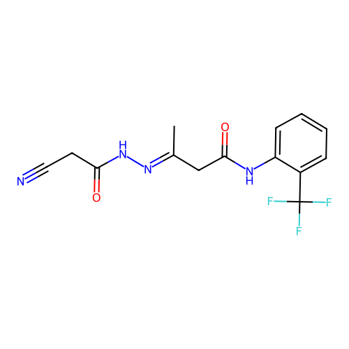 (3E)-3-[2-(cyanoacetyl)hydrazinylidene]-N-[2-(trifluoromethyl)phenyl]butanamide structure
